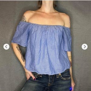 Express Blue Stripe Chambray Off the Shoulder Crop Blouse XS